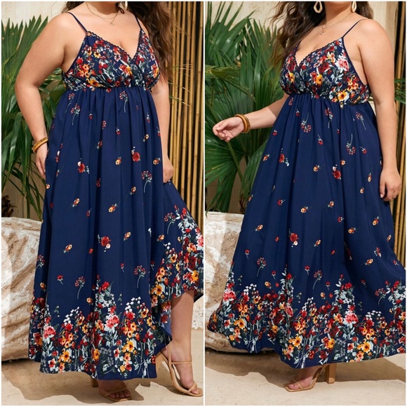 Boho Plus Navy Blue Floral Print Cami Maxi Dress - Picture 2 of 8
